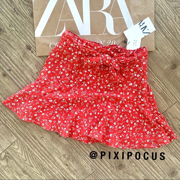 Zara Skirts Nwt Zara Belted Floral Skort Mini Skirt Red Poshmark